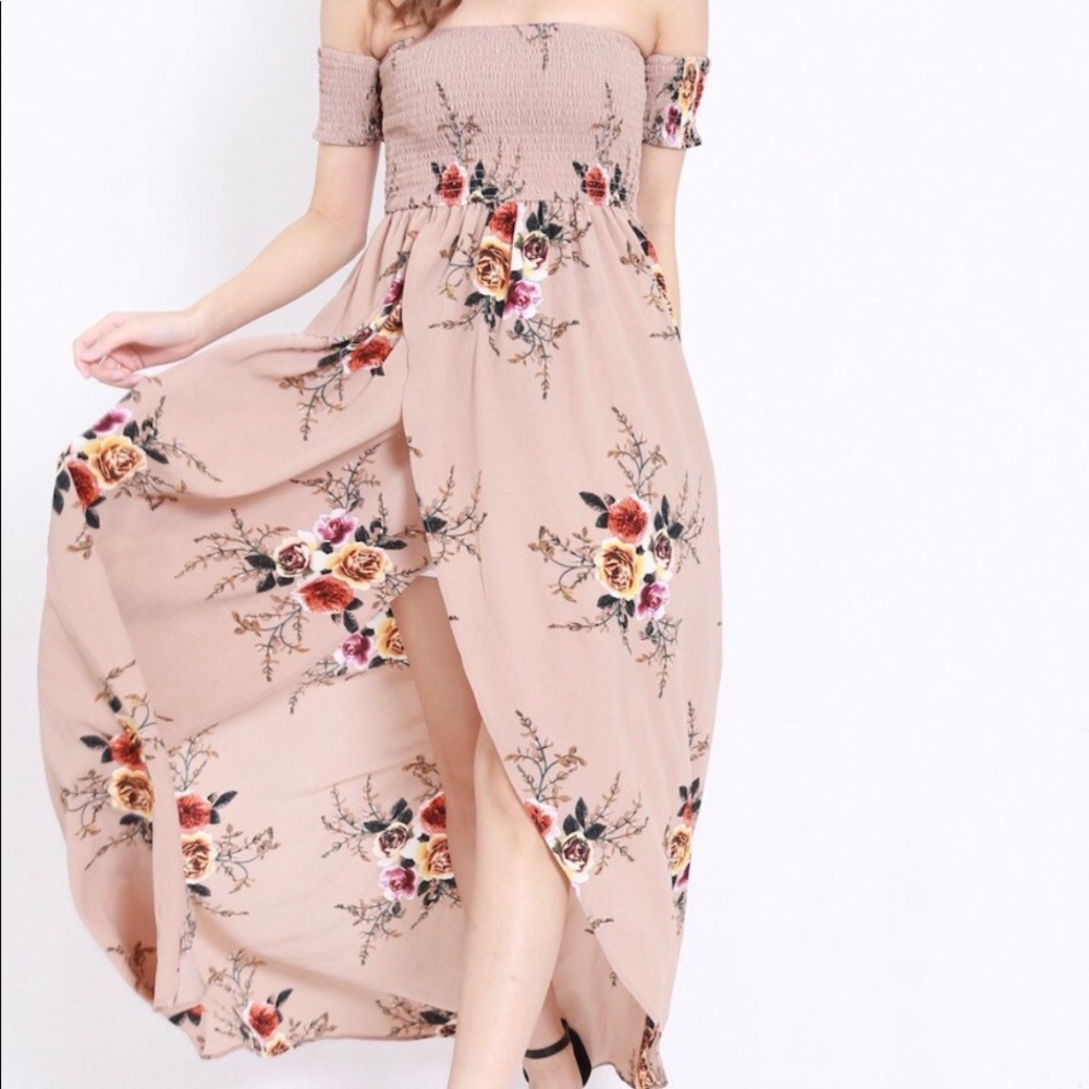 Nude Off-the-Shoulder, Hi low length tulip skirt.